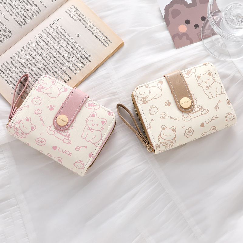 Ailun's simple and elegant little cat Japanese-style women's pocket coin holder, portable multi-functional short wallet for women Specification drawing
