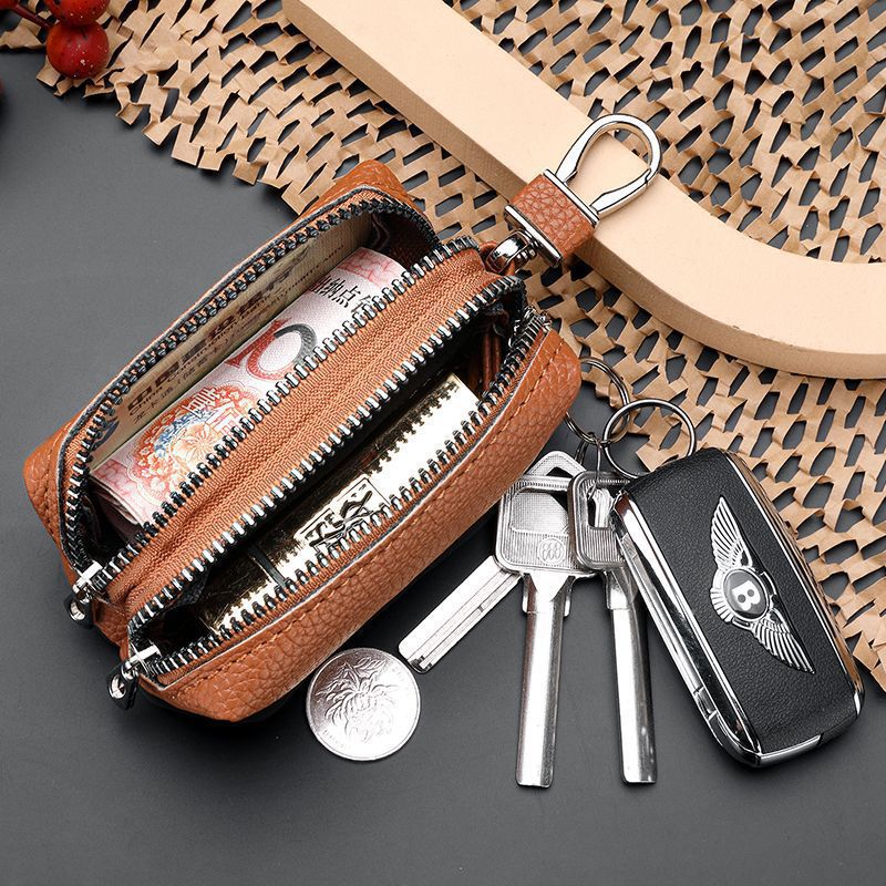 New waterproof key case with high appearance level, featuring genuine leather texture and lychee pattern. It is a two-in-one key storage case and coin purse Specification drawing