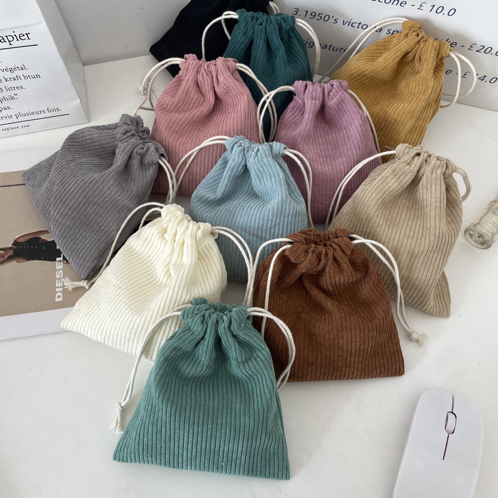 410168 Corduroy solid color storage blank style drawstring closure cosmetic bag, portable large capacity three-piece set for women full figure