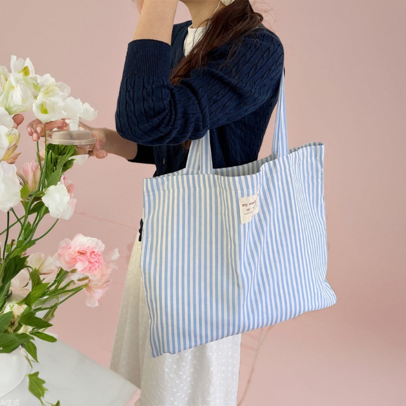 43201 striped color-blocking fresh canvas bag, large-capacity class commuting bag, high appearance level single-shoulder tote bag full figure