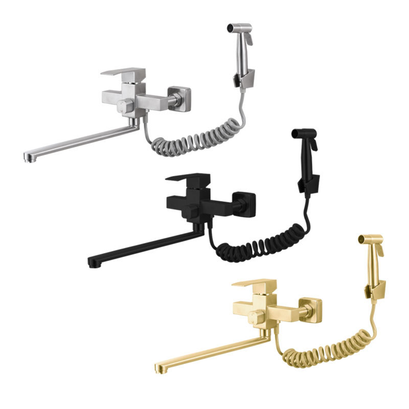 Foreign trade wall-mounted kitchen faucet, 304 stainless steel, cold and hot dishwashing basin, multi-functional spray gun faucet set Item Picture