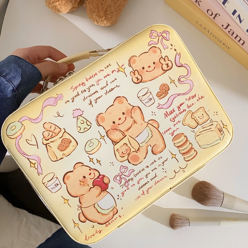 Super popular ~ Butter Bear Makeup Bag for Women, large-capacity portable storage box, cosmetics storage box with mirror Specification drawing