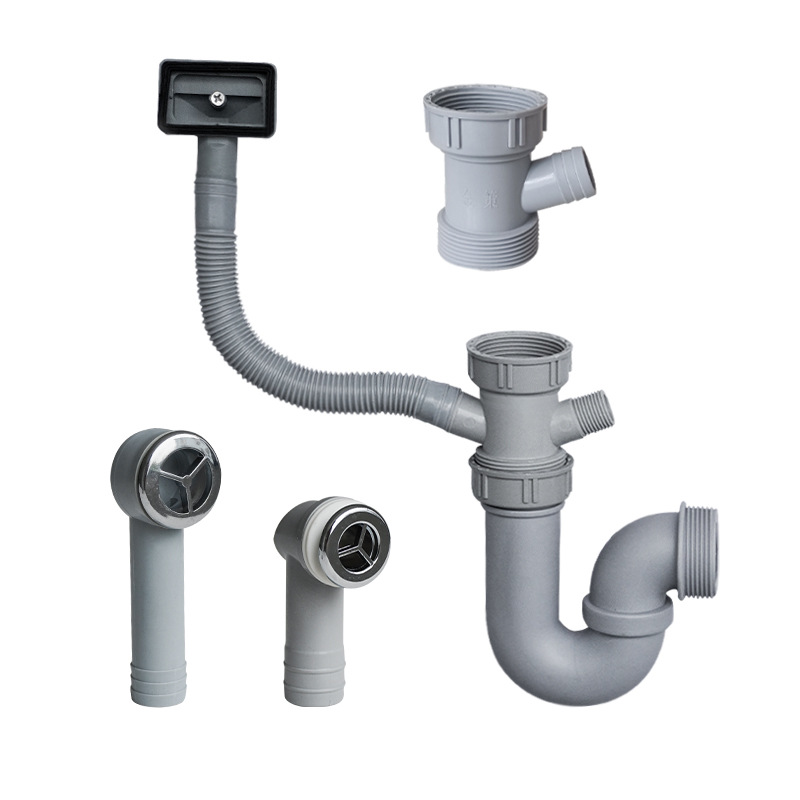 Kitchen sink drain three-way, multi-purpose four-way drain pipe fittings, anti-odor U-pipe, V-bend, square and round overflow head Item Picture