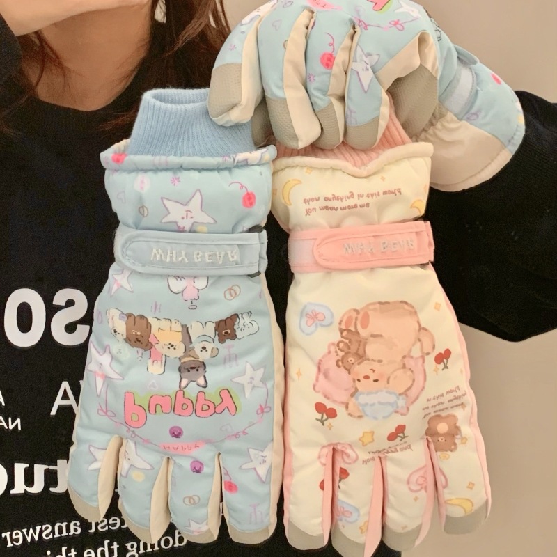 Cartoon bear ski gloves, winter supplies, outdoor gloves, student cycling windproof and cold-proof five-fingered gloves for warmth details Picture
