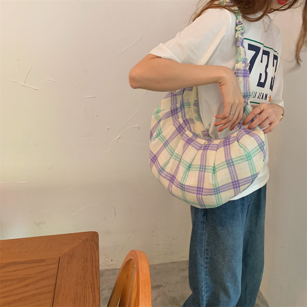 0691 New pleated large-capacity checkered single-shoulder bag, women's canvas bag, hand-held crossbody bag, women's commuter underarm bag details Picture