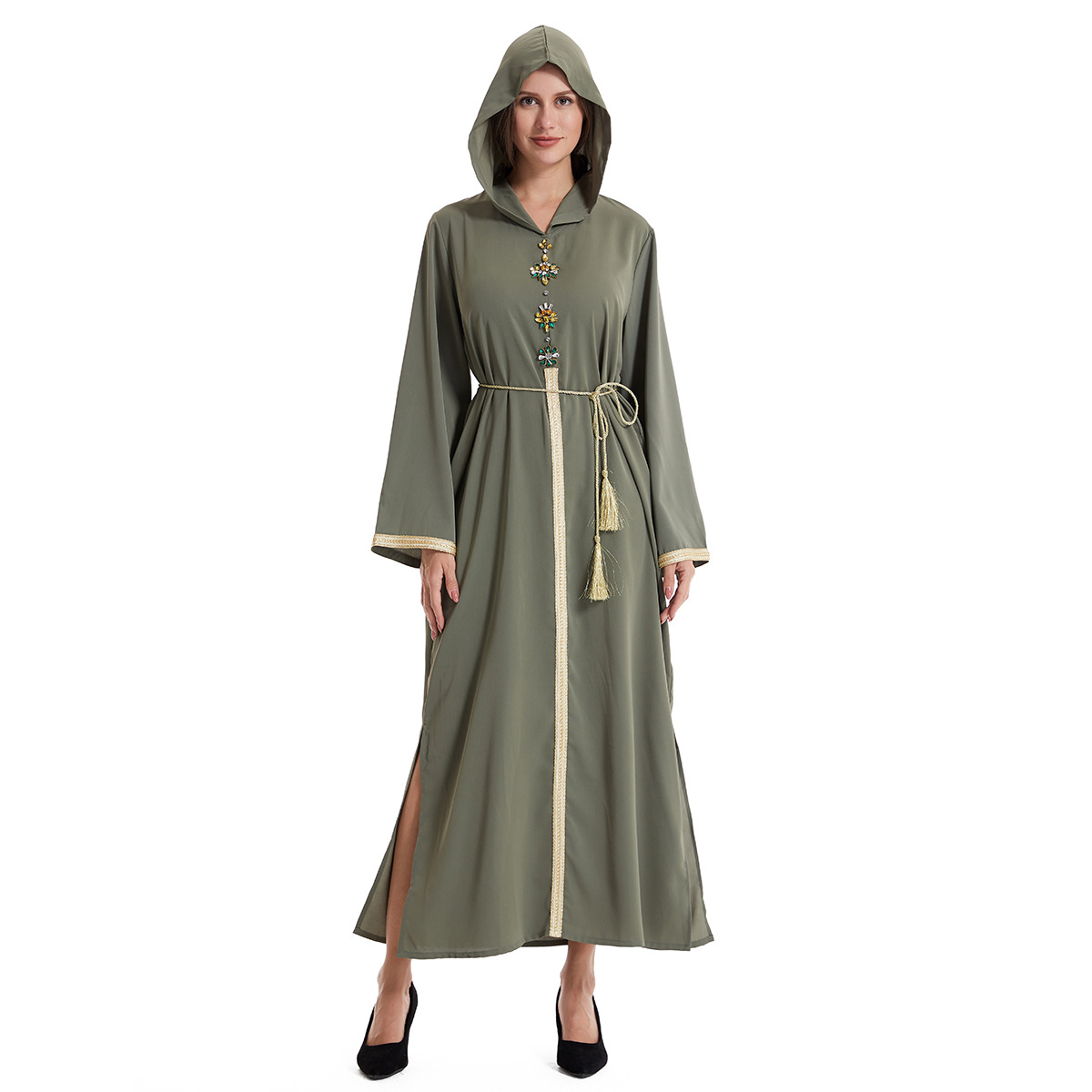 Factory stock: Women's hooded long-sleeved dress with woven tape, hand-sewn and diamond robe, Middle Eastern Arab women's long dress abaya robe, women's hooded Muslim style Item Picture