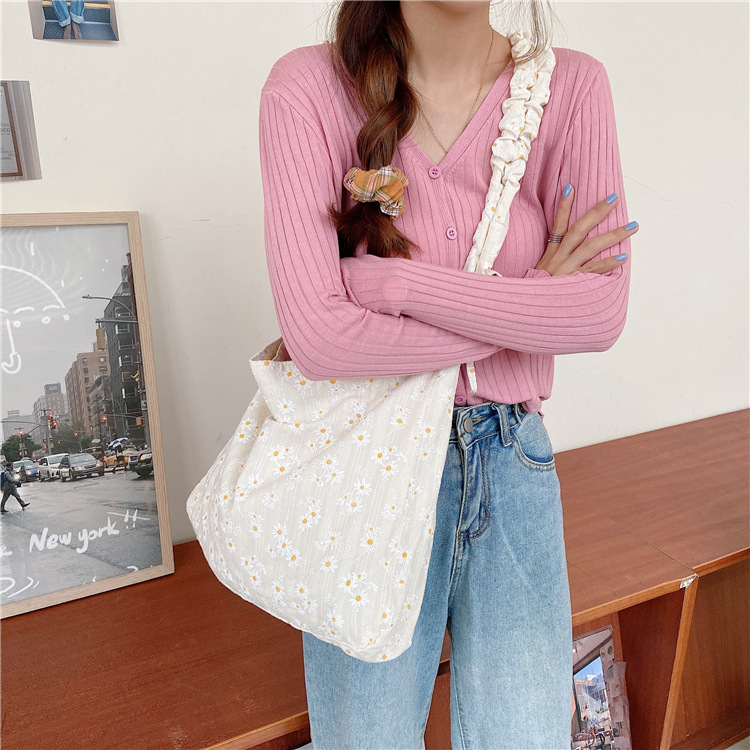 03173 Japanese-style fresh and delicate Daisy canvas bag, women's artistic single-shoulder bag, student thin cloth bag wholesale full figure