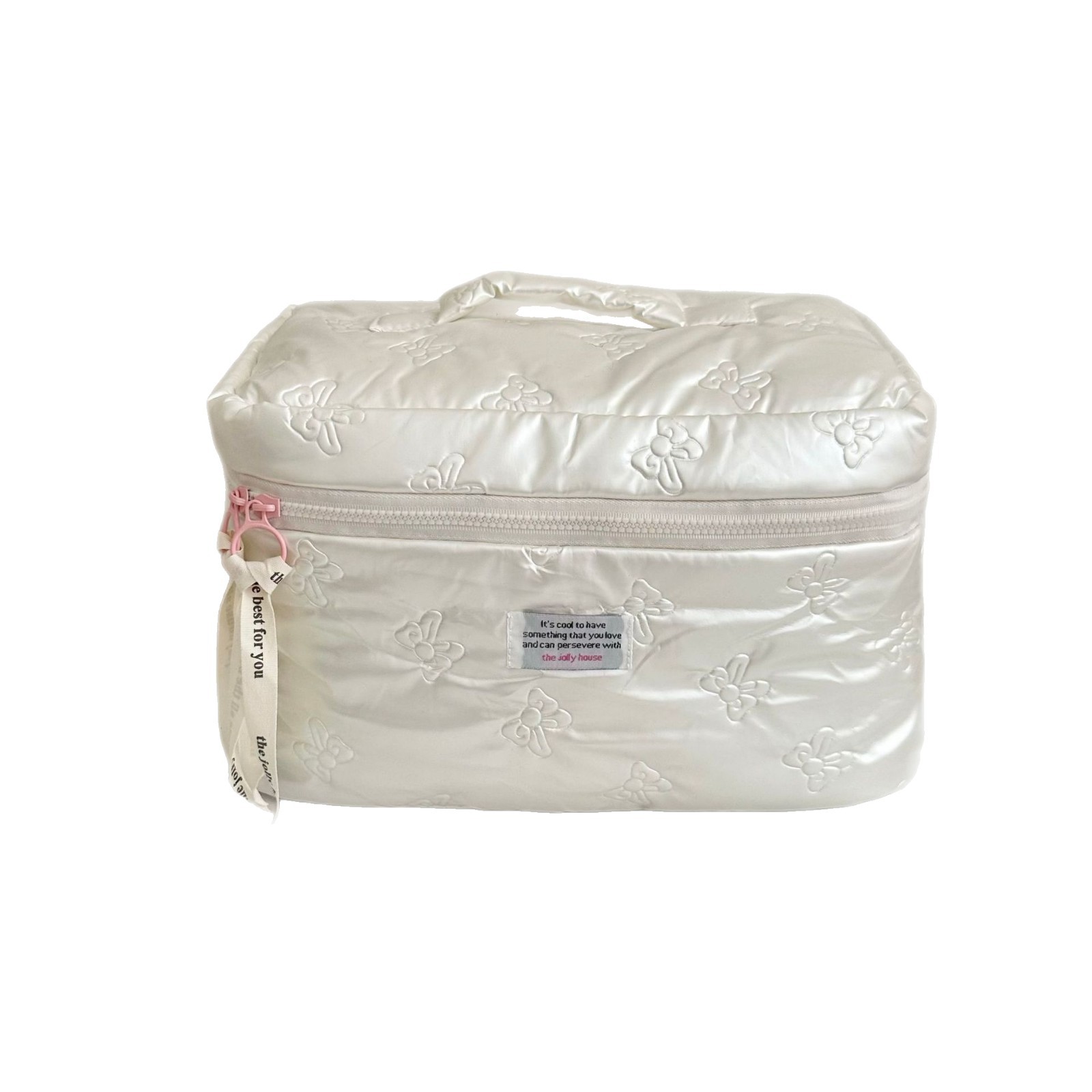 pu bow girl storage bag, ins style, large-capacity travel cosmetics and toiletries bag, hand-held makeup bag Item Picture