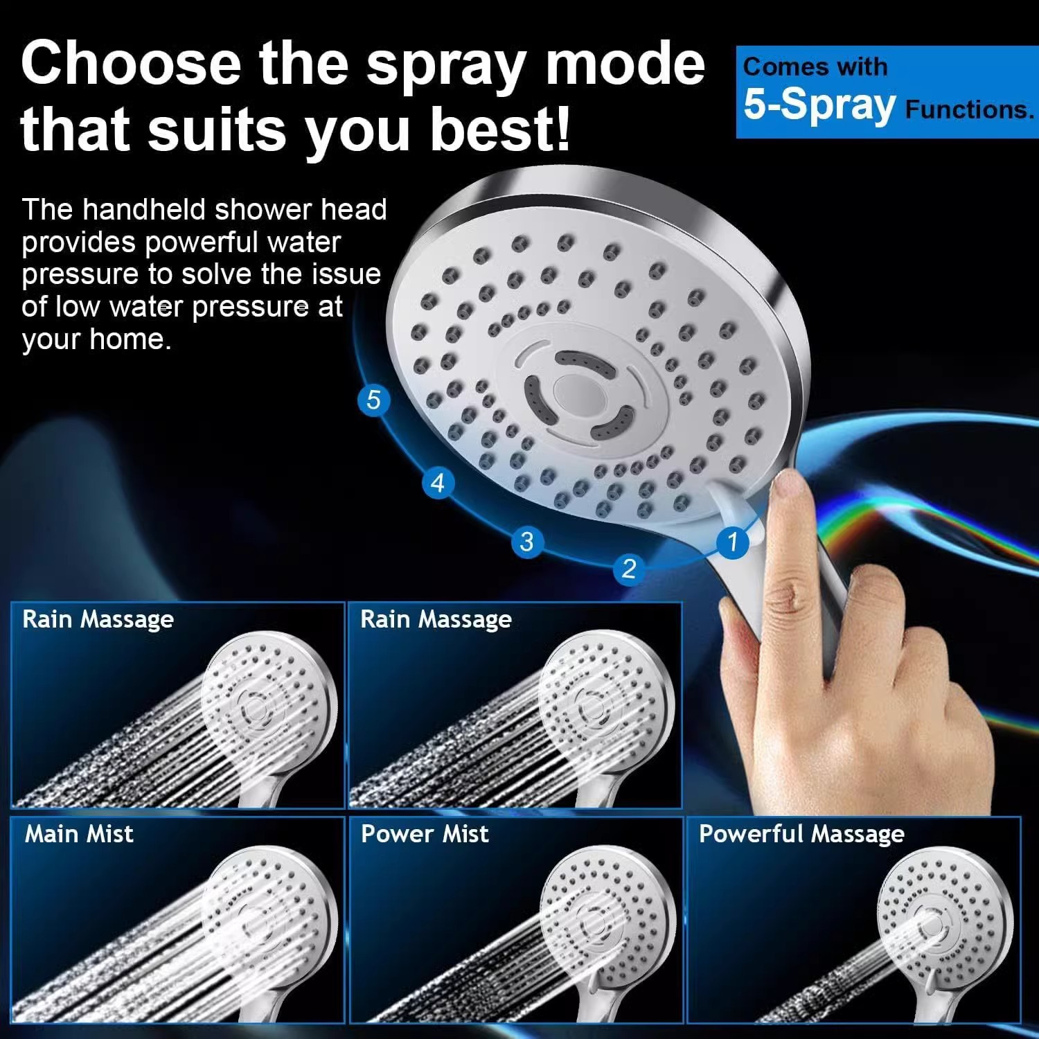 Amazon electroplated stainless steel top spray belt extended arm arm multi-functional handheld shower wall-mounted exposed showerhead set details Picture