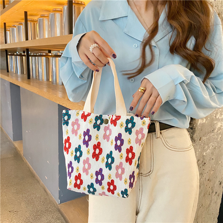 912132 Korean ins fresh and cute small cloth bags, women's wrinkled cloth printed handbags, bento bags wholesale details Picture