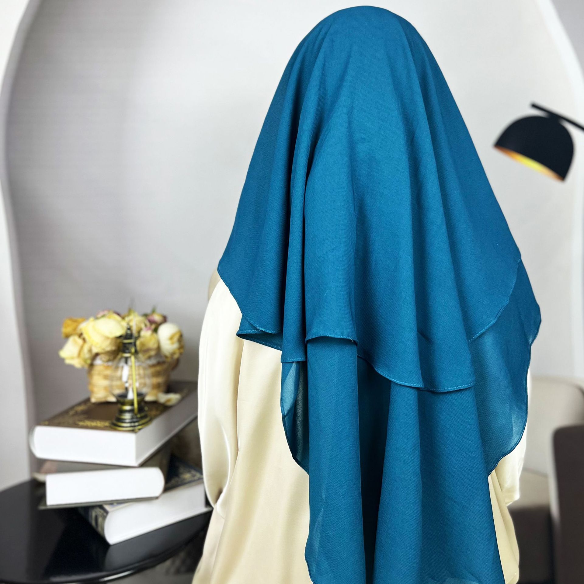 Cross-border Middle East headscarf, double-layer composite chiffon mesh mask, strap, women's fashion veil, in stock, Muslim headscarf, women's long style, European and American Specification image