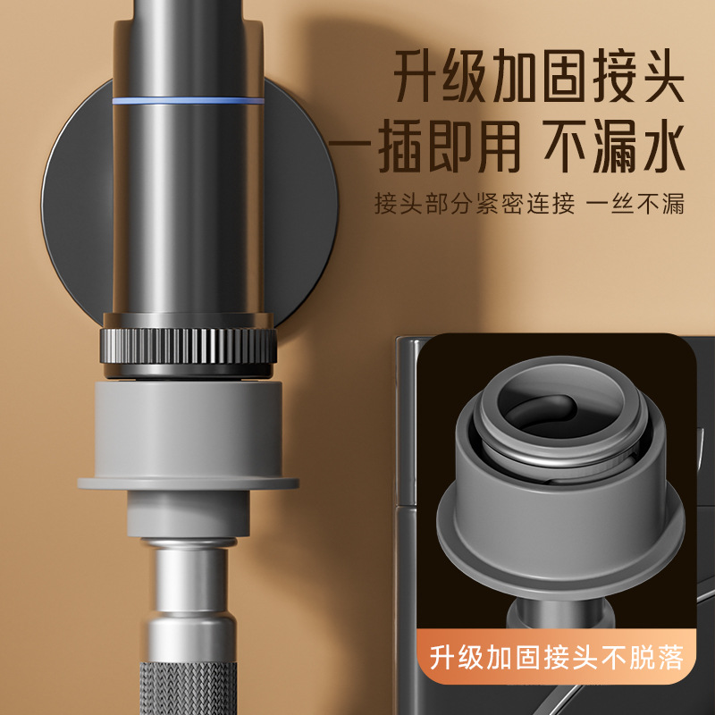 The fully automatic washing machine has an extended hose for the water inlet pipe, a universal connection pipe, an extended water inlet pipe, and an outlet pipe above the faucet Specification drawing