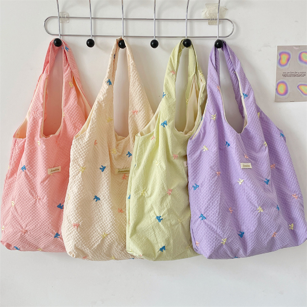 5692 Summer New Fresh embroidered bow single-shoulder bag, vest style, underarm bag, large capacity canvas bag full figure