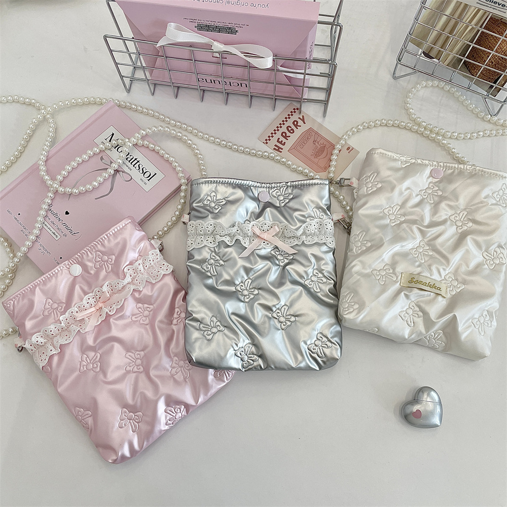 5324 pu bow cotton crossbody small bag, mobile phone bag, pearl chain bag, portable mini makeup bag details Picture