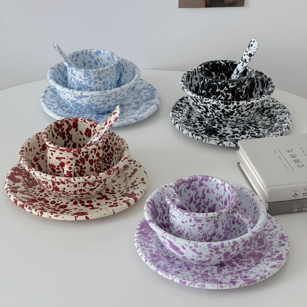 Retro enamel ink-wash tableware, Korean inS-style breakfast bread plate, yogurt cereal bowl, mug set full figure