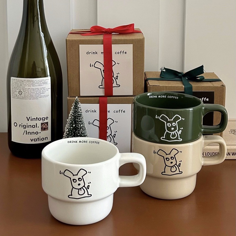 Cute and niche cartoon dog mugs, high appearance level coffee cups, milk ceramic cups, couple cups, gift box cups full figure