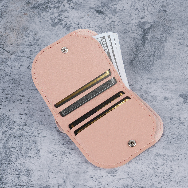 PU Ladies' short wallet, Korean style, fresh and simple folding, ultra-thin imitation leather wallet clip, buckle mini coin purse wholesale details Picture