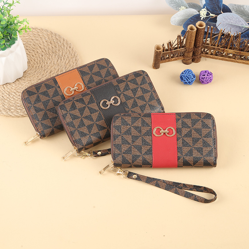 Simple and versatile ladies' card bag, large-capacity multi-slot wallet, multi-functional zipper handbag, long wallet with checkered pattern full figure