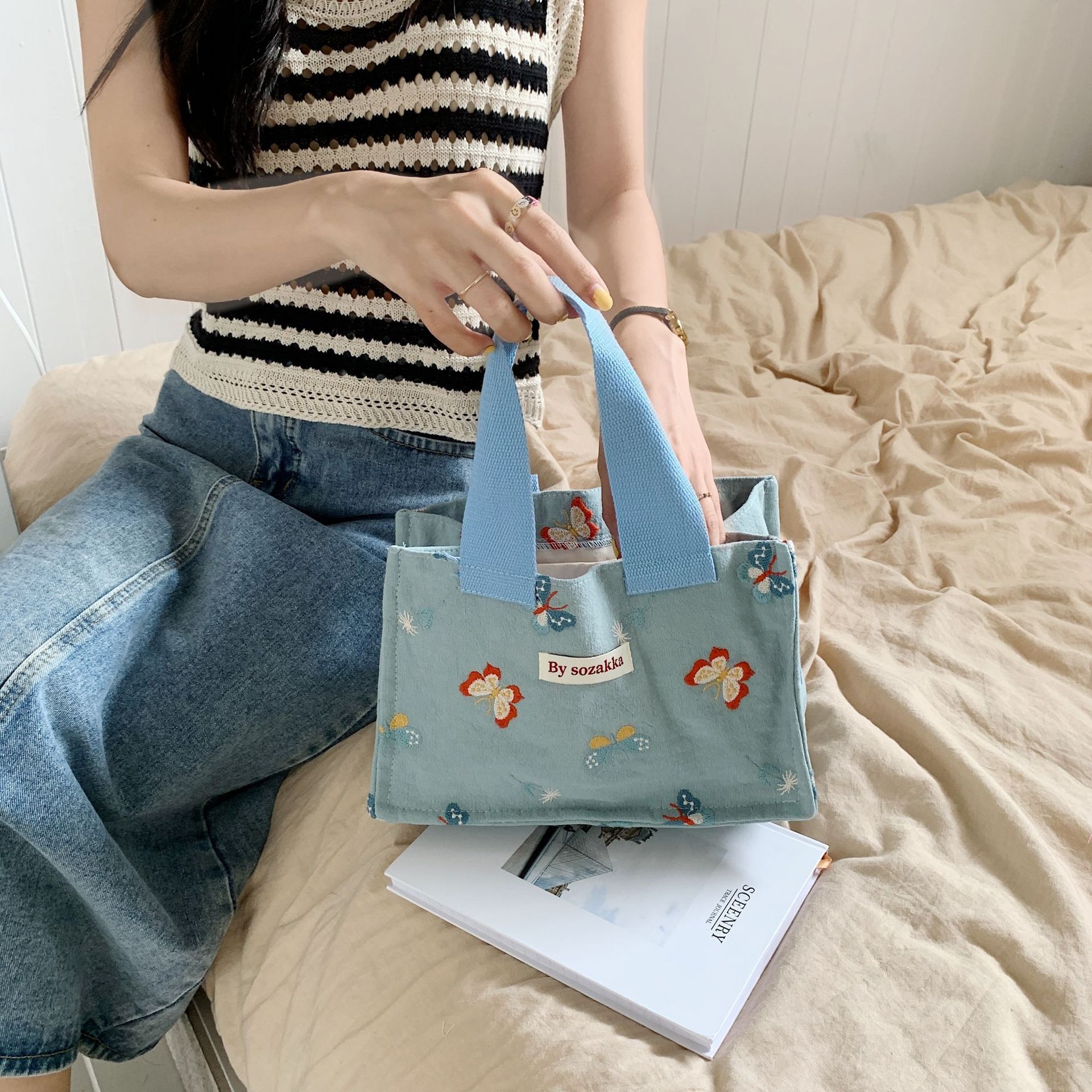 26191 Japanese-style hand-held canvas bags, lunch bags, and snack bags are all suitable for students and office workers Specification drawing