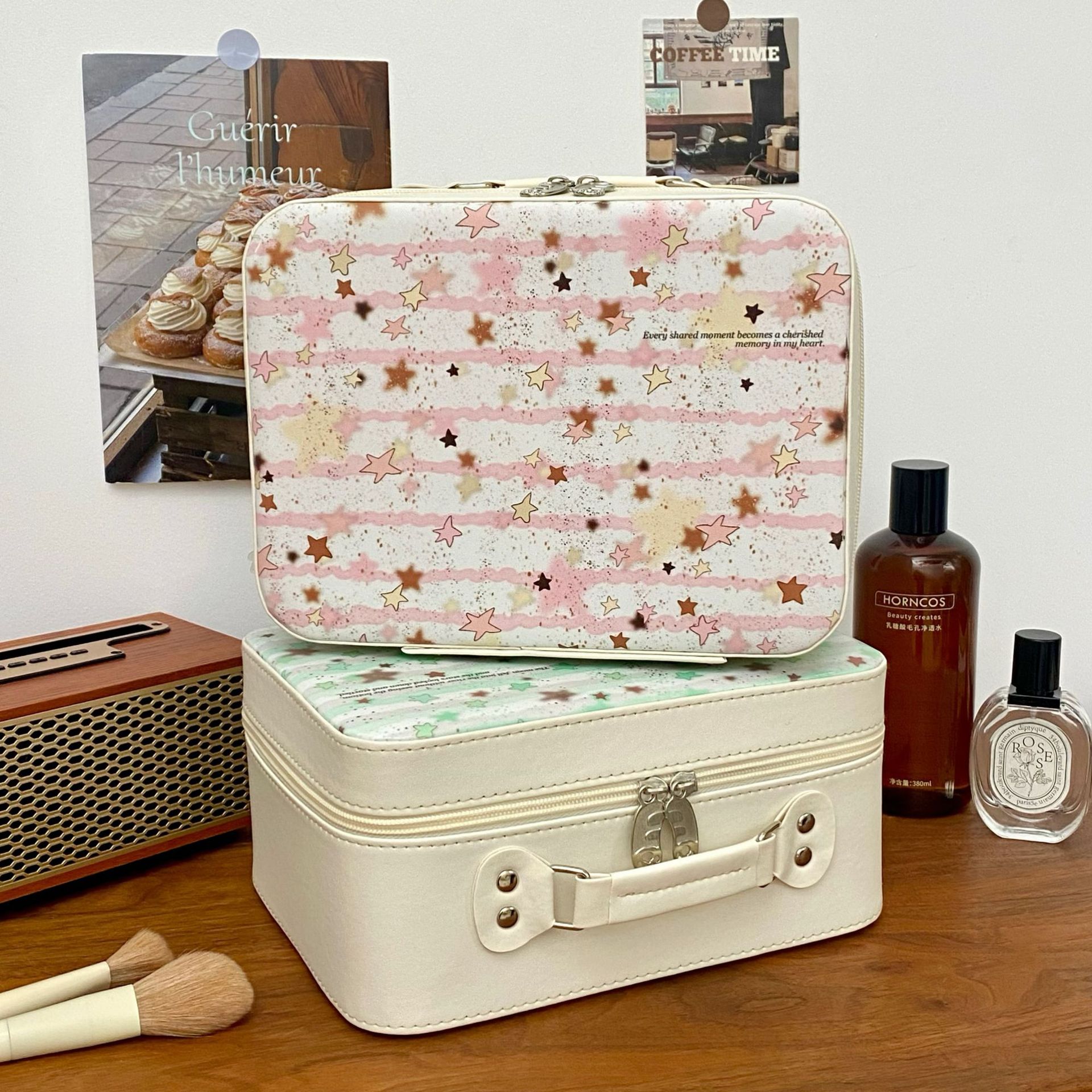 Original color star makeup box, portable with mirror, business trip makeup bag, women's pu leather storage suitcase details Picture