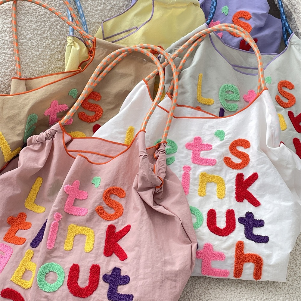 4653 Korean-style ins large-capacity tote bag, laid-back style lettered canvas single-shoulder bag, women's portable shopping bag full figure