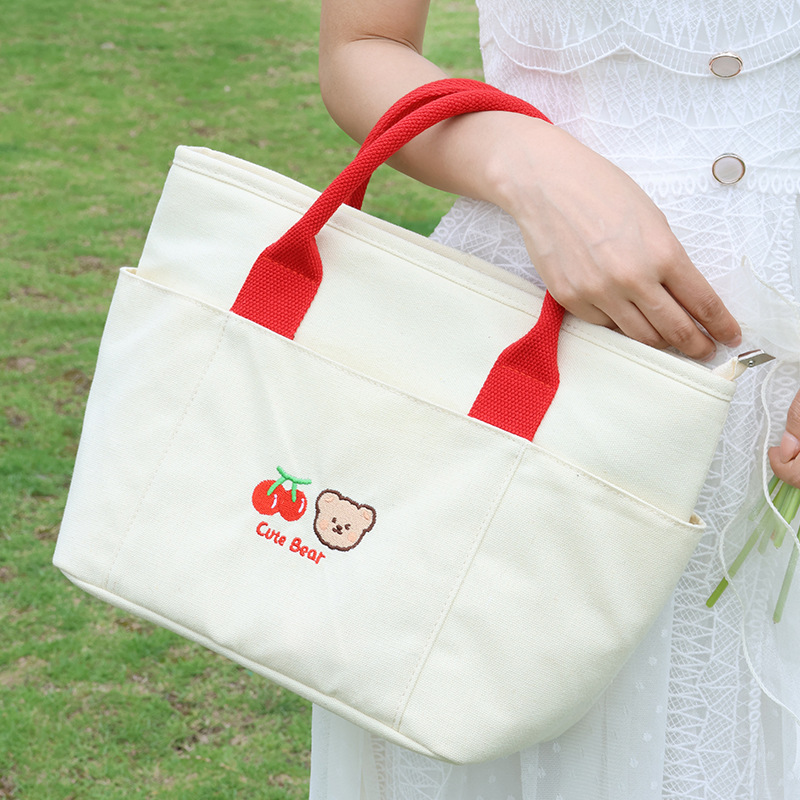Cherry Bear high appearance level lunch box bag wholesale canvas handbag, insulated picnic bag, storage bag, lunch box bag details Picture