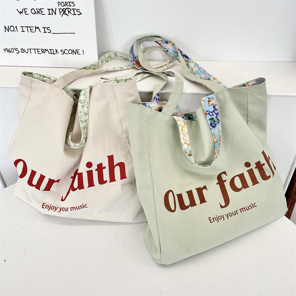 53311 Spring/Summer New printed and floral double-sided canvas bag, large-capacity commuter bag, Korean-style single-shoulder handbag Specification drawing