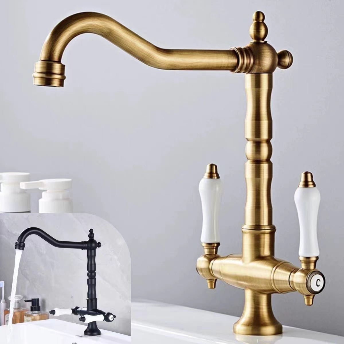 Pull-out kitchen hot and cold water faucets, splash-proof washing basins, bowls and sinks, household telescopic rotating sink, antique copper faucet details Picture