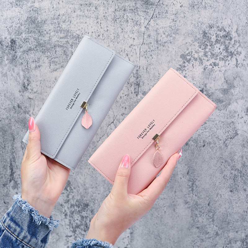The 2021 new multi-functional Korean-style simple leaf pendant long three-fold wallet wallet is practical and portable Item Picture