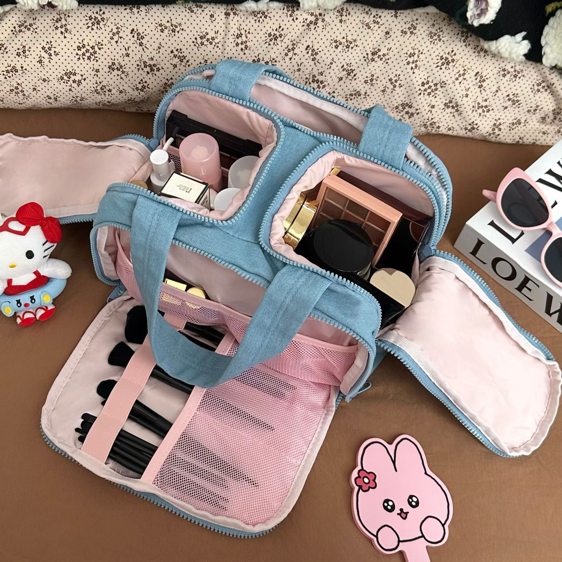 Denim double-opening makeup bag for women, portable large-capacity toiletry bag for going out, and a separate storage bag for cosmetics and brushes details Picture