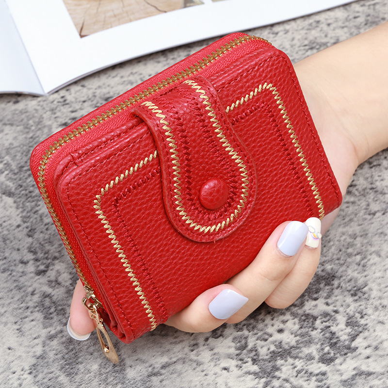 New Korean-style ladies' short bag, zipper buckle wallet, lychee tattoo flower, solid color coin purse, ID card case full figure
