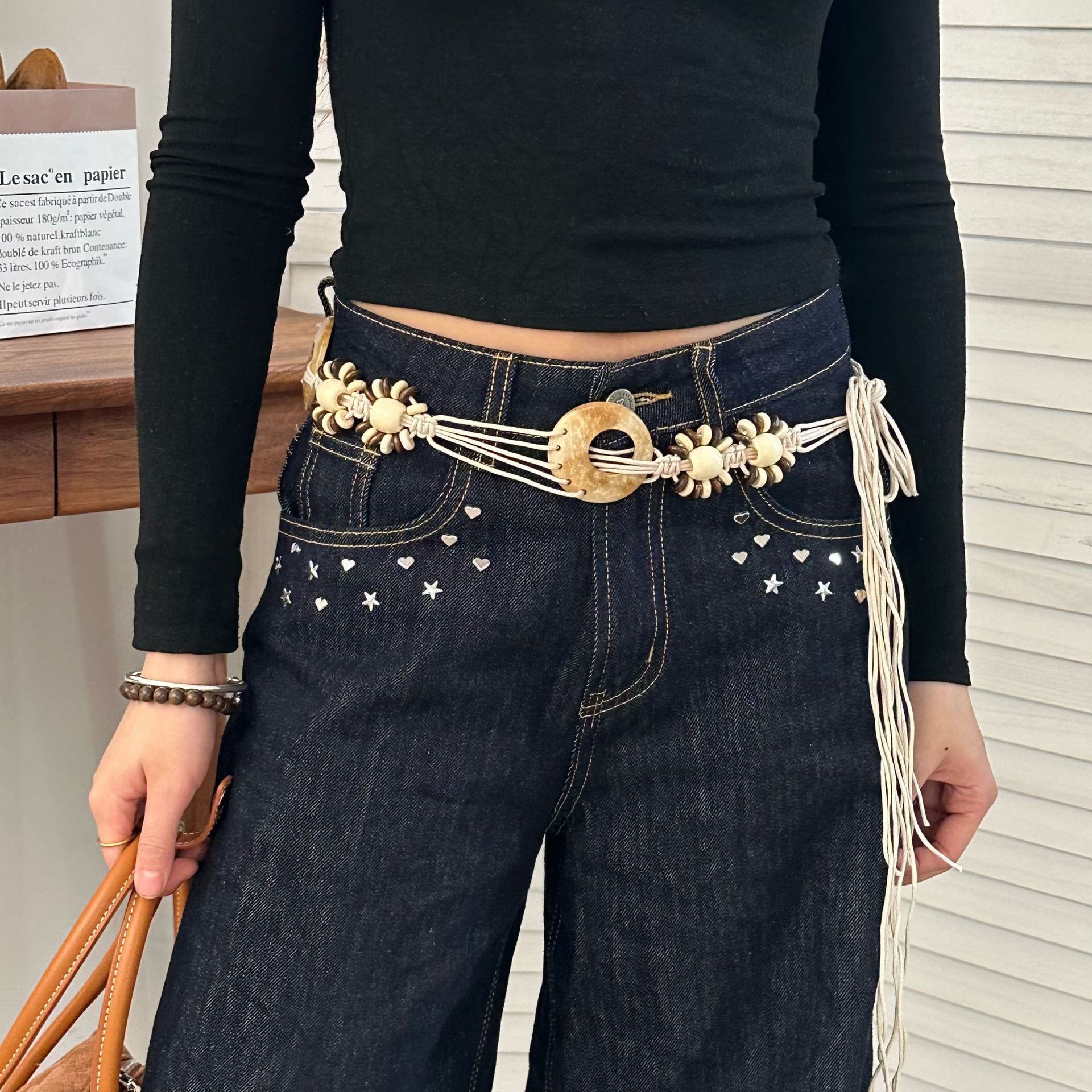 Bohemian-style waist belt, hand-woven hemp rope, ethnic-style women's waist belt, waist accessory, casual vacation style waist rope Specification drawing