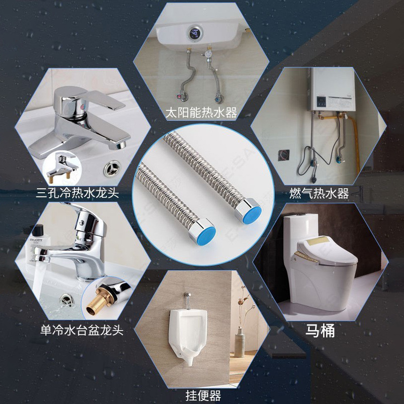 Moge 4-point and 6-point 304 stainless steel explosion-proof corrugated pipe water pipe 1-inch steel pipe thickened metal cold and hot water inlet hose Specification drawing