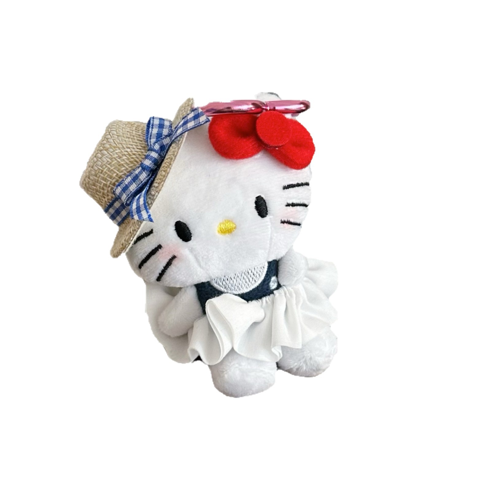 Blue checkered hat, cat pendant, cute straw hat, plush toy, doll decoration, bag pendant, keychain pendant Item Picture