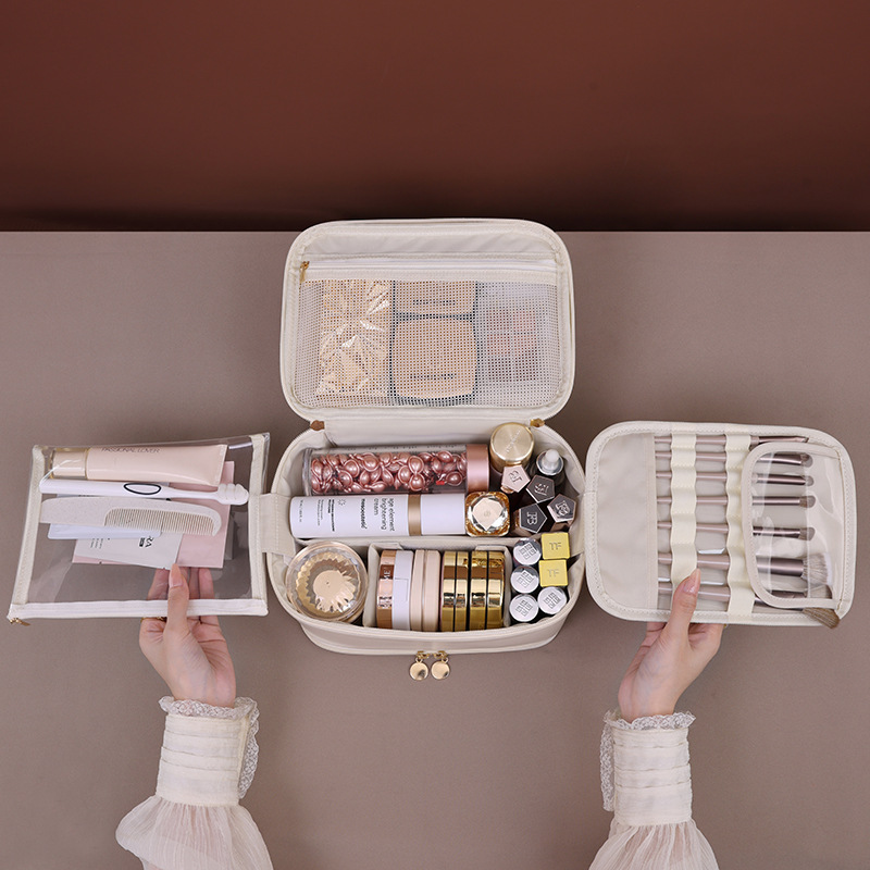 Ins-style double-layer multi-functional makeup bag, travel portable, zoned storage, cosmetics storage bag, large toiletry bag Specification drawing
