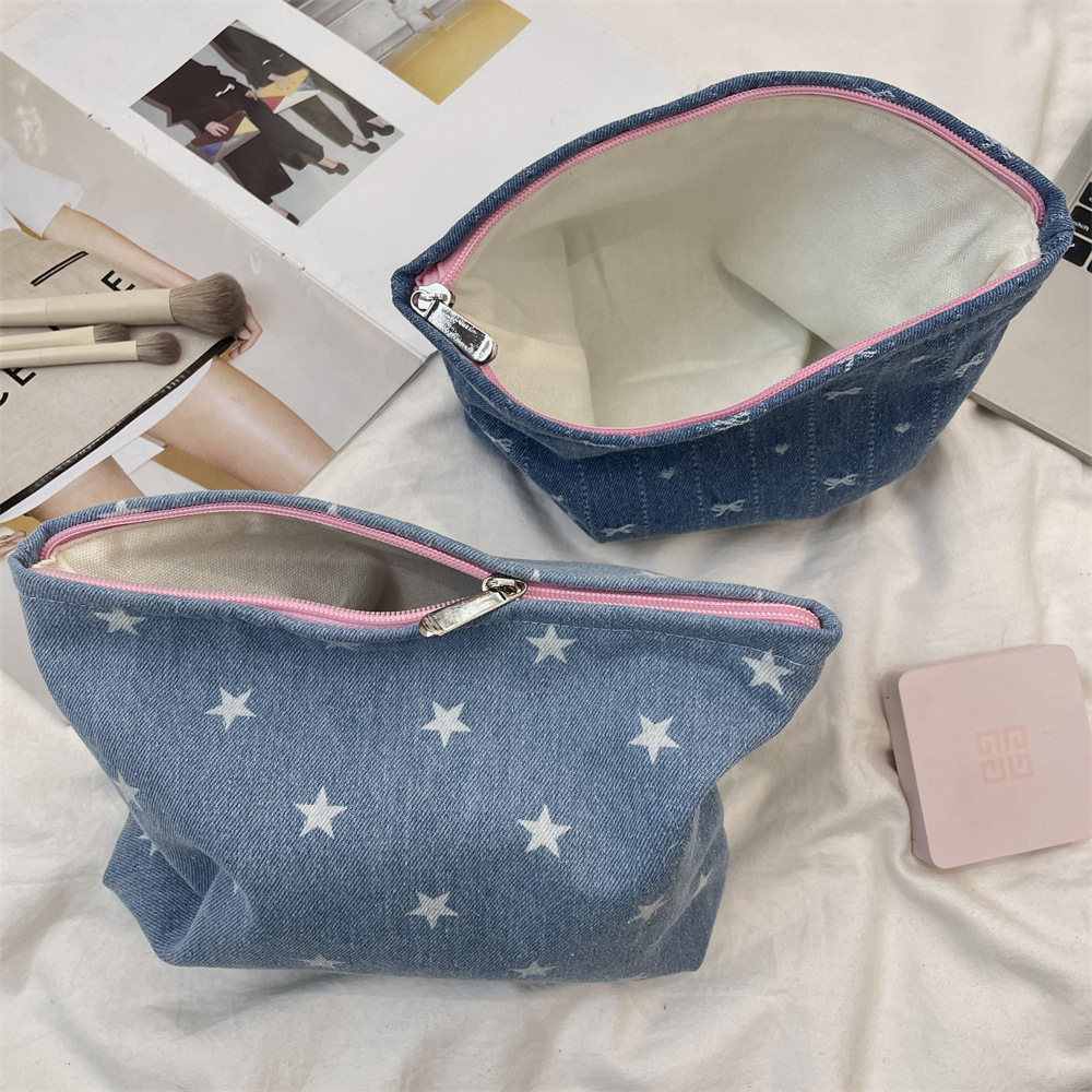 410125 Korean ins denim storage zipper bag for mobile phone, eyeshadow, lipstick, cosmetics storage, makeup and travel bag details Picture