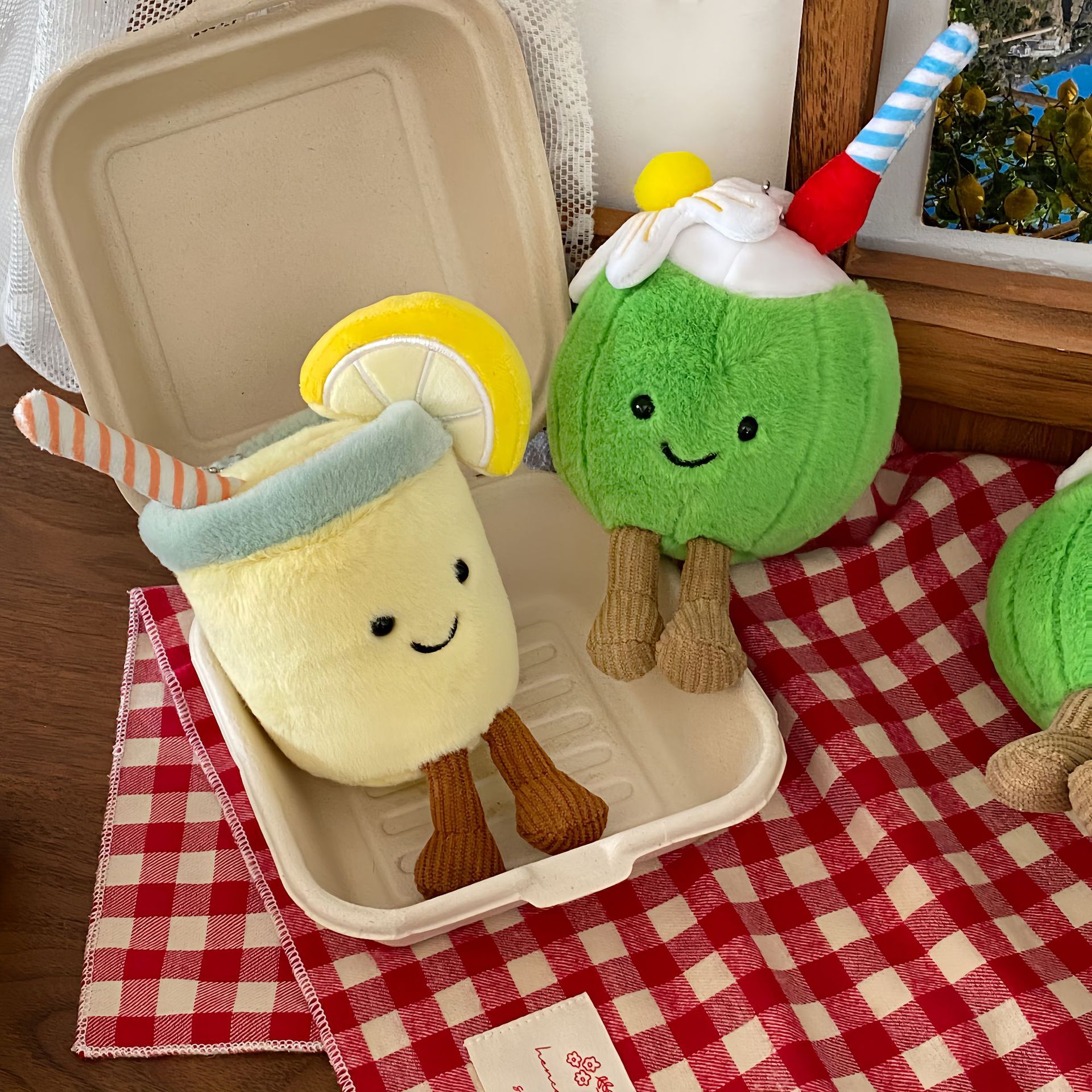Creative and cute plush pendant, summer limited edition coconut keychain, fun lemon soda small doll bag pendant details Picture