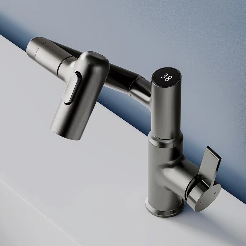 All-copper digital display bathroom, rotating scraper wash, rotatable light luxury bathroom, gun ash washbasin, Maneki Neko faucet full figure