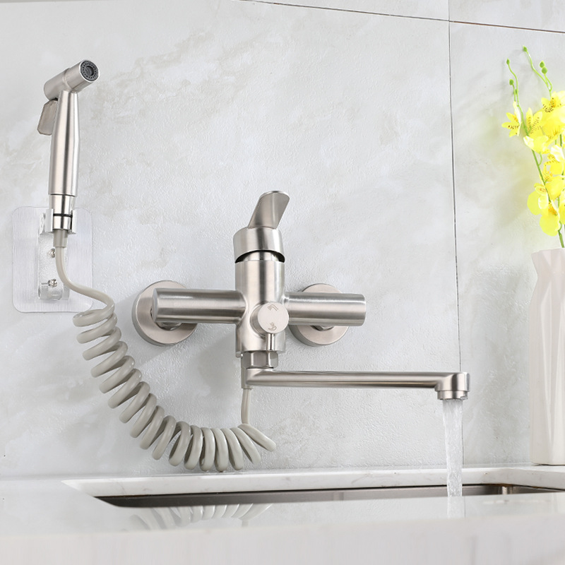304 stainless steel cold and hot brushed in-wall double-hole kitchen sink faucet with cleaning nozzle without drilling Specification drawing