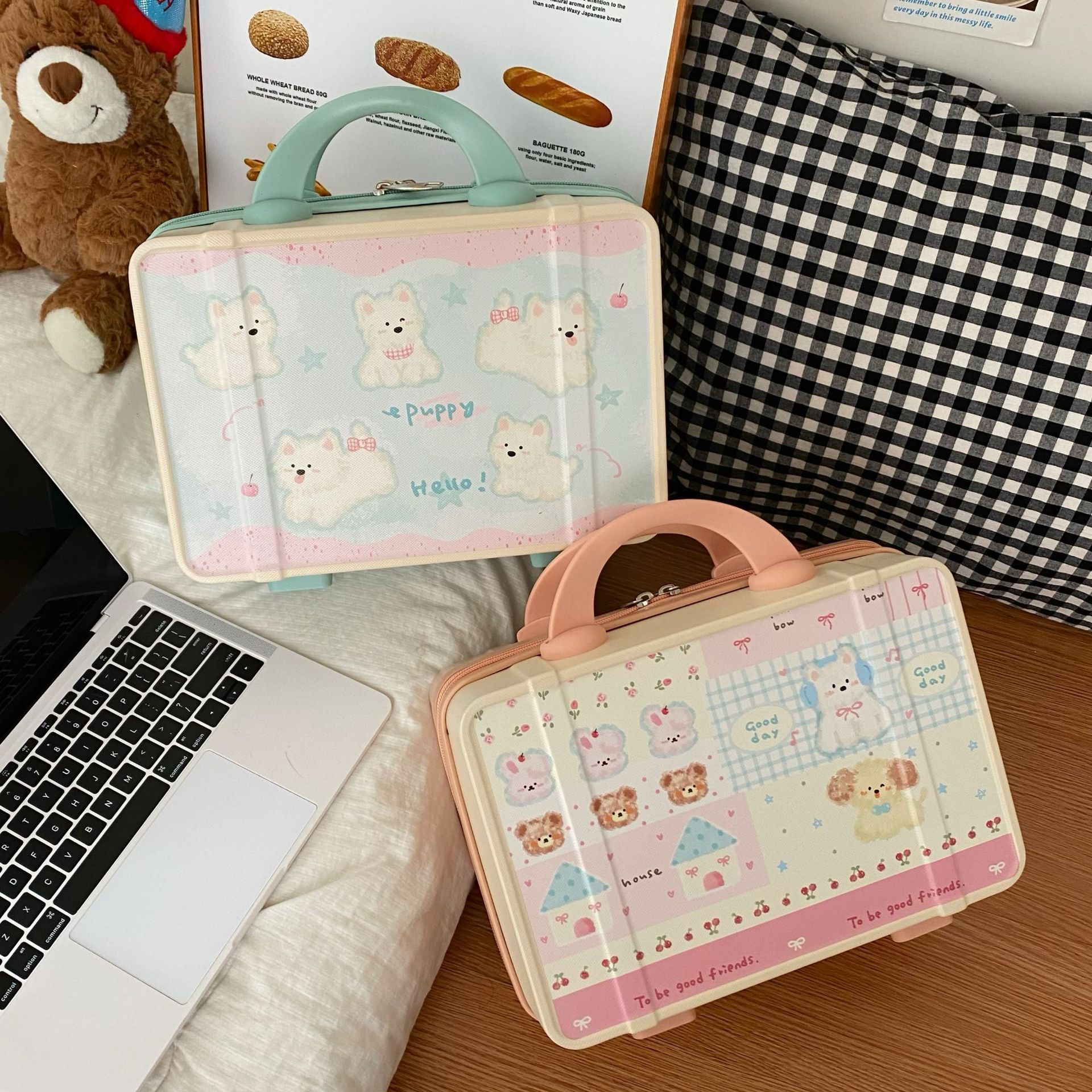 Cute cartoon makeup case, female business trip hand-held travel case, large-capacity storage bag, lightweight and small mini suitcase full figure