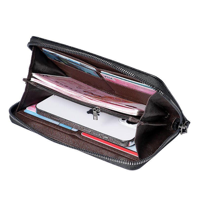 Men's long zipper wallet, foreign trade hand-held bag, men's mobile phone wallet with embossed patterns and multiple positioning, men's long wallet details Picture