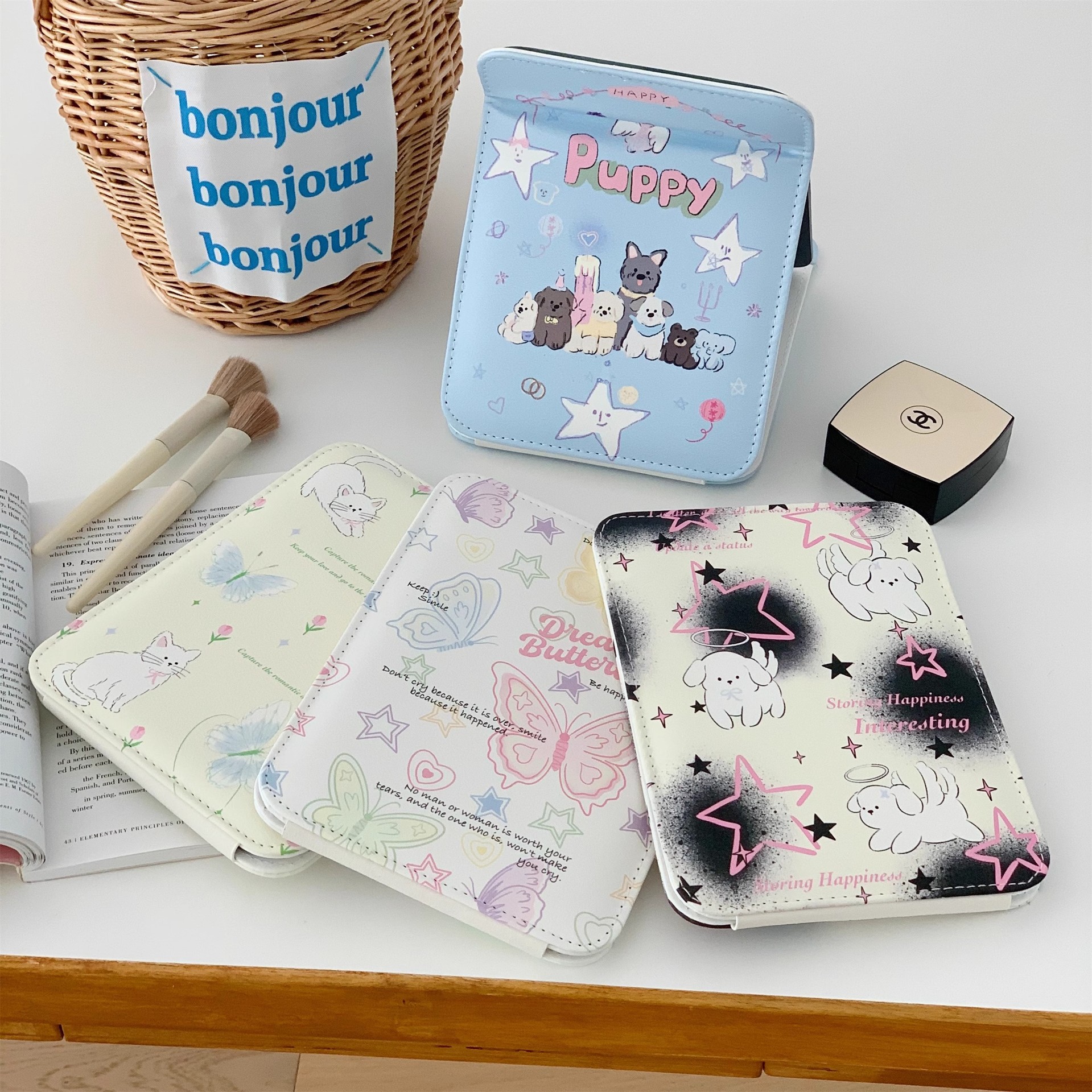 Cute dog grooming pu leather folding mirror, ins style cartoon desktop high-definition makeup mirror, portable foldable dressing mirror Application Scenario