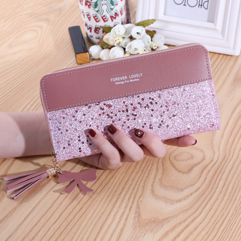2020 new wallet long women's zipper money clip female Korean version splicing collision color tassel everything card bag mobile phone bag Item Picture
