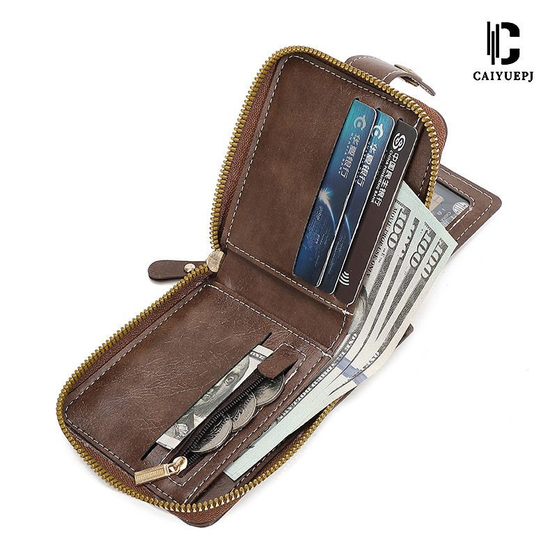 New Product 2025 Vintage Men's Short wallet, horizontal zipper multi-functional card bag, buckle coin purse, cross-border Application Scenario