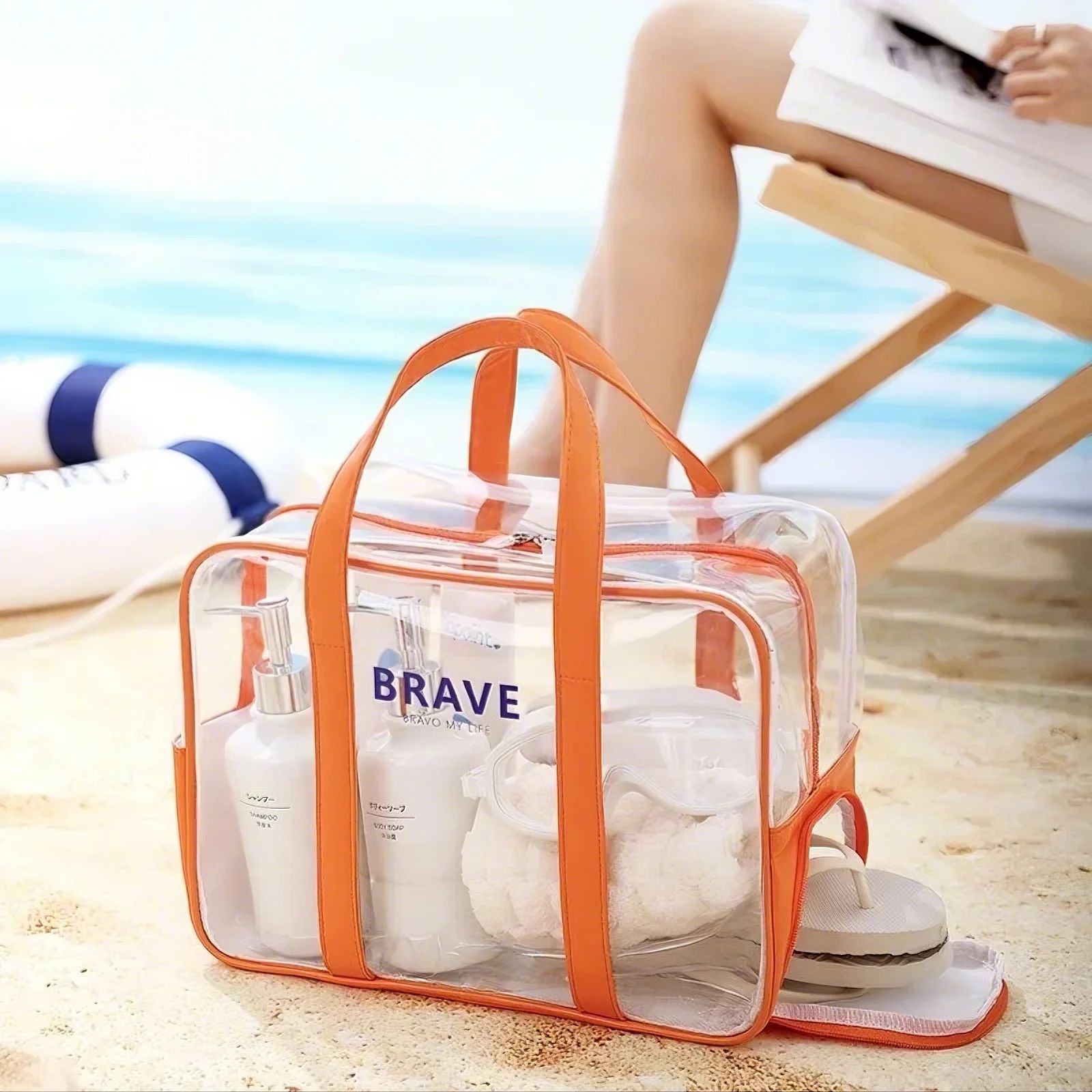 Transparent waterproof beach bag, dry and wet separation, fitness and exercise bag, toiletries and makeup bag, storage, swimming goggles, swimsuits, swimming bag full figure