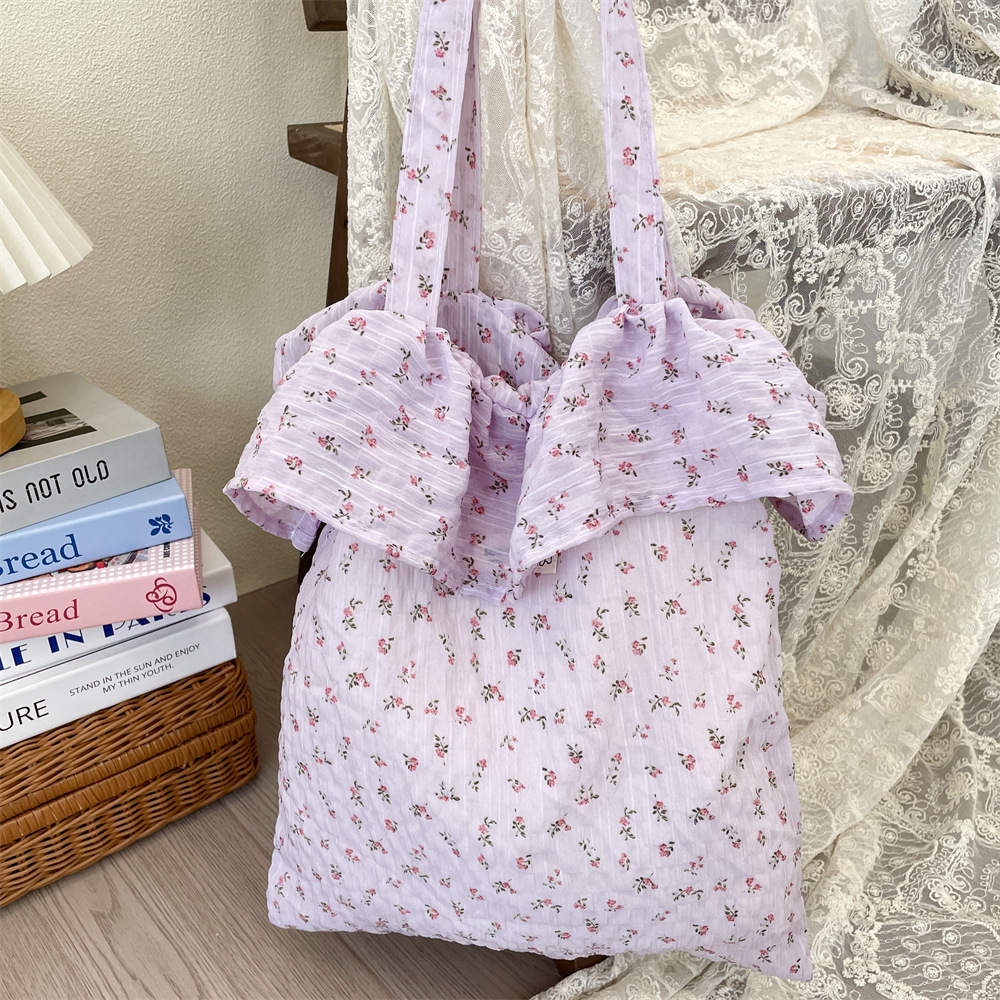 52202 Fresh and sweet floral ruffled single-shoulder bag, large-capacity student class bag, fashionable chiffon tote bag Specification drawing