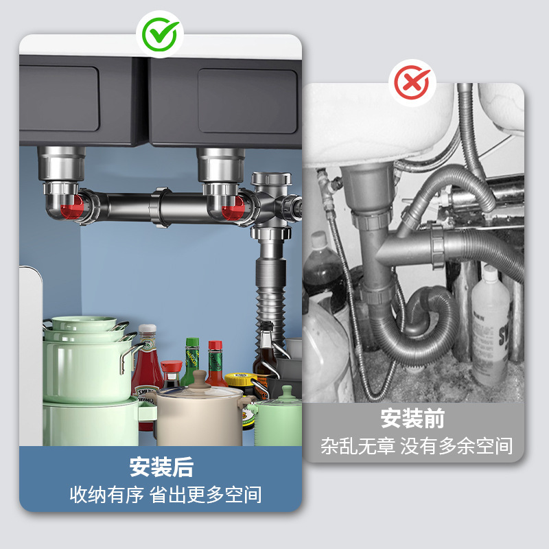 Kitchen drainpipe set, stainless steel sink accessories, dishwashing trough, drainage channel, double-trough sink, anti-odor drain Specification drawing