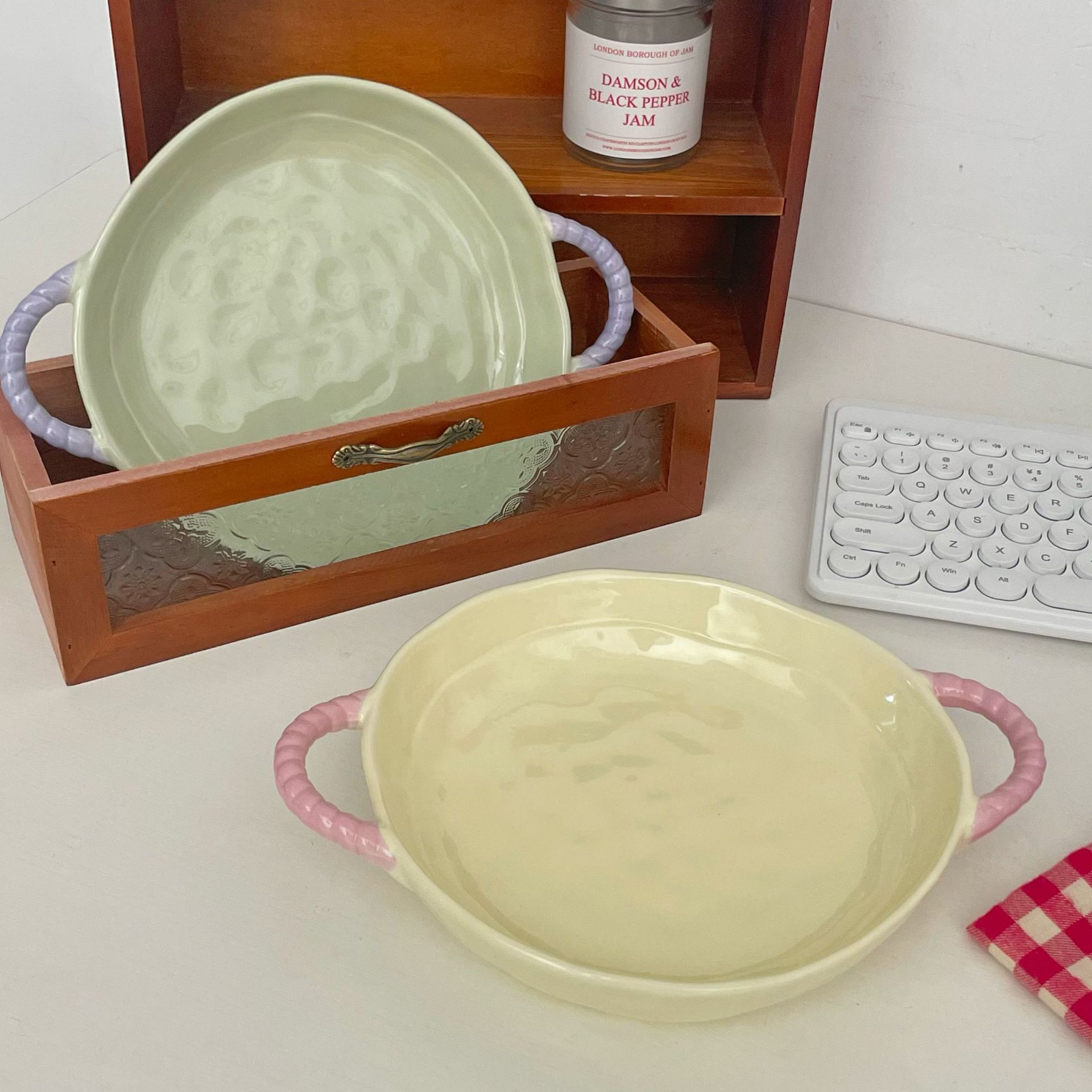 ins high appearance level plate, home vegetable plate, cute cream-style ceramic dinner plate, breakfast double-ear plate, fruit salad plate Specification drawing