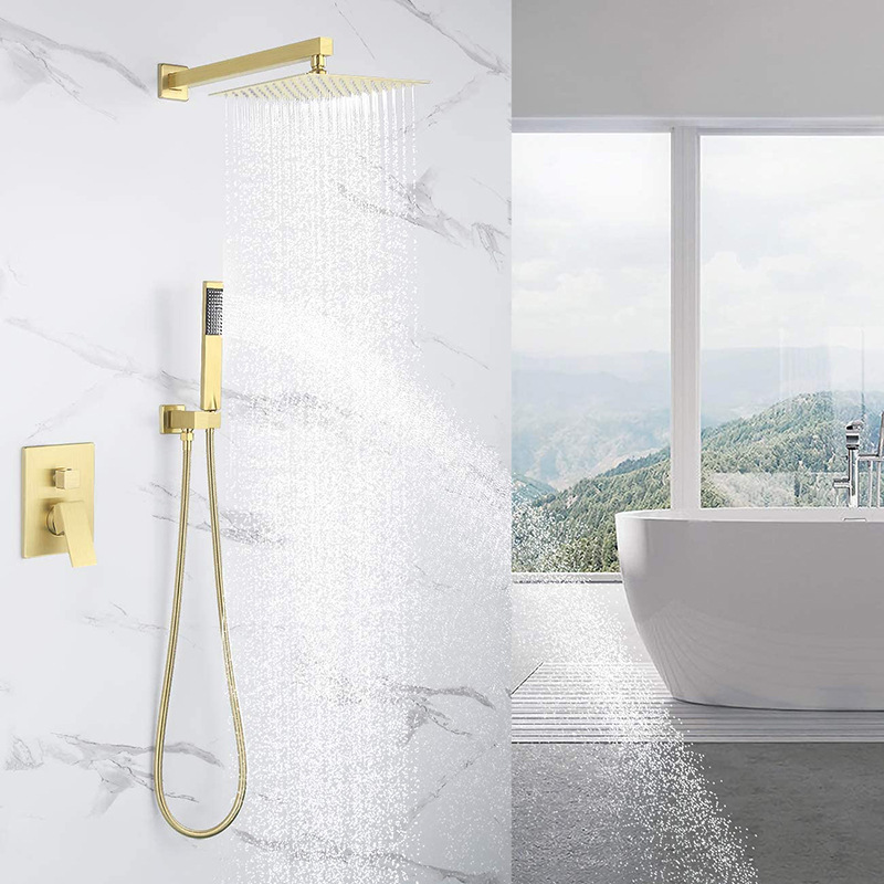 Wholesale brushed gold stainless steel concealed wall-mounted shower head set, copper embedded box, square gold faucet details Picture