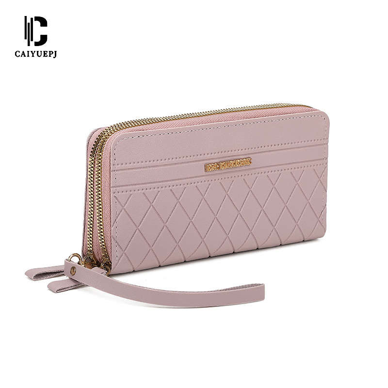 Wholesale of new women's wallets, long cross-border hand-held bags, card bags, solid color grid pattern cross-border zipper hand-held bags Item Picture